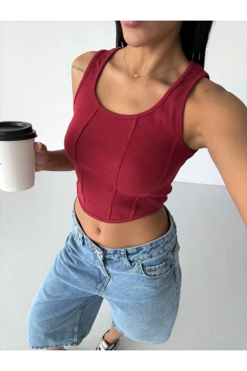 Kadın Bordo Fitilli Kaşkorse Crop Bluz HZL25S-FRY123171