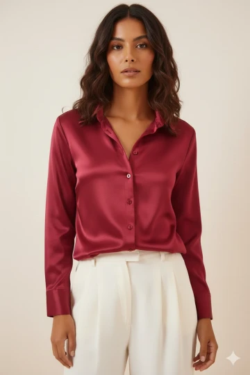 Kadın Bordo Hafif Dökümlü Saten Yüzeyli Gömlek Hzl22w-bd139641