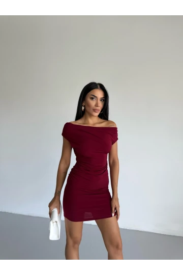 Kadın Bordo Kayık Yaka Yandan Drapeli Mini Elbise HZL25S-FRY123261