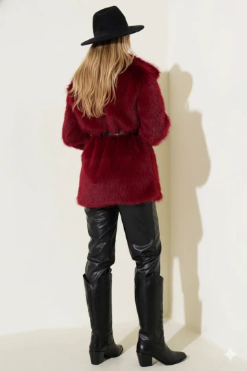 Kadın Bordo Kemer Detaylı Astarlı Peluş Kürk Mont HZL25W-BD191561
