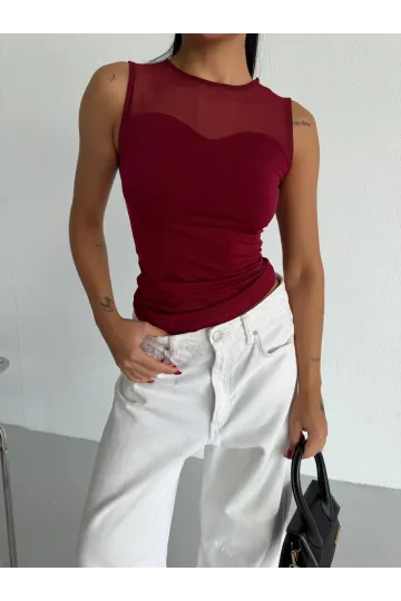 Kadın Bordo Kolsuz Likralı Tül Detay Sandy Bluz HZL26W-FRY123721