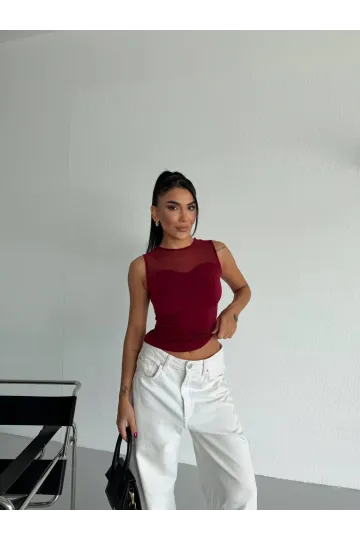 Kadın Bordo Kolsuz Likralı Tül Detay Sandy Bluz HZL26W-FRY123721