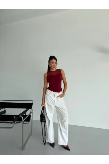 Kadın Bordo Kolsuz Likralı Tül Detay Sandy Bluz HZL26W-FRY123721