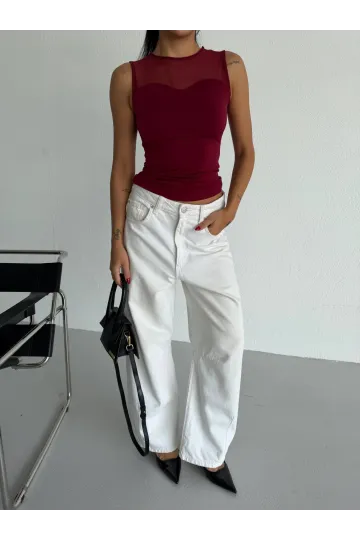 Kadın Bordo Kolsuz Likralı Tül Detay Sandy Bluz HZL26W-FRY123721