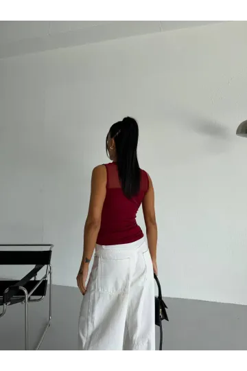 Kadın Bordo Kolsuz Likralı Tül Detay Sandy Bluz HZL26W-FRY123721