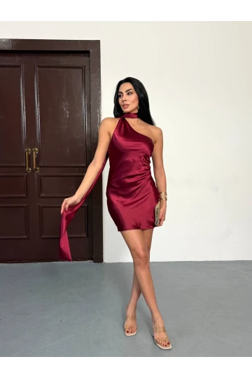 Kadın Bordo Omuz Ve Sırt Dekolteli Saten Kumaş Mini Elbise HZL26W-FRY123611
