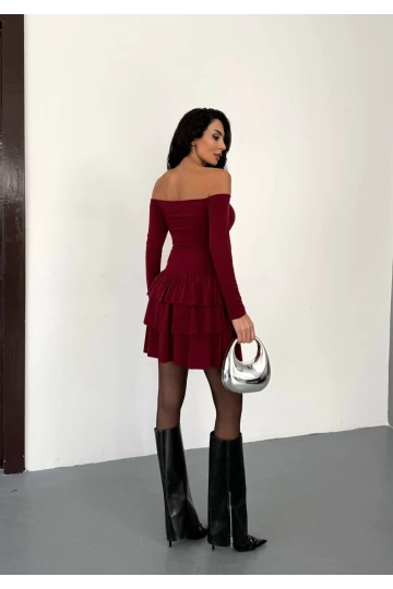 Kadın Bordo Straplez Yaka Kat Kat Etek Detaylı Mini Elbise HZL25W-FRY123581