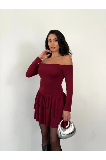 Kadın Bordo Straplez Yaka Kat Kat Etek Detaylı Mini Elbise HZL25W-FRY123581