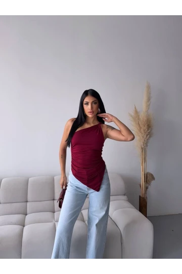 Kadın Bordo Tek Omuz Asimetrik Kesim Sandy Bluz HZL25S-FRY123241