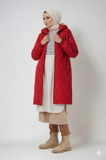 Kadın Bordo Uzun Kapitone Astarlı Şişme Tesettür Mont HZL25W-BD151381
