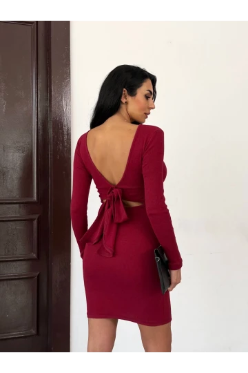 Kadın Bordo Uzun Kollu İp Bağlamalı Sırt Dekolteli Kaşkorse Mini Elbise HZL25W-FRY120411