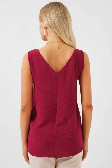 Kadın Bordo V Yaka Sıfır Kol Bluz HZL25S-BD19501
