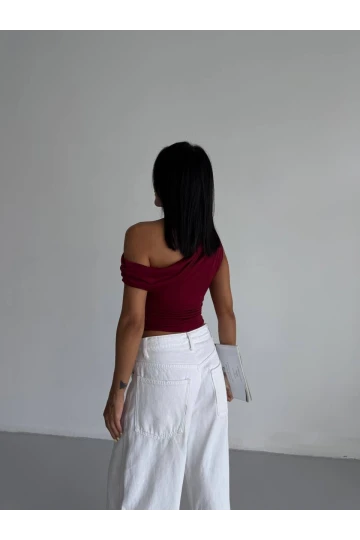 Kadın Bordo Yandan Drapeli Kayık Yaka Sandy Bluz HZL25S-FRY123201