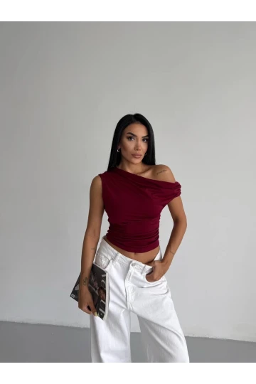 Kadın Bordo Yandan Drapeli Kayık Yaka Sandy Bluz HZL25S-FRY123201