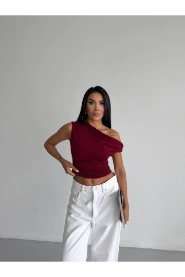 Kadın Bordo Yandan Drapeli Kayık Yaka Sandy Bluz HZL25S-FRY123201