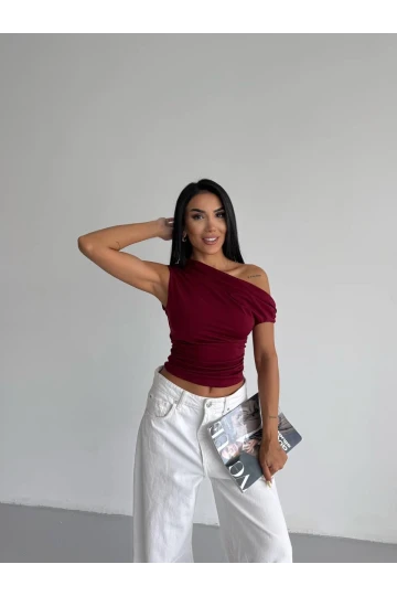 Kadın Bordo Yandan Drapeli Kayık Yaka Sandy Bluz HZL25S-FRY123201