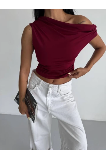 Kadın Bordo Yandan Drapeli Kayık Yaka Sandy Bluz HZL25S-FRY123201
