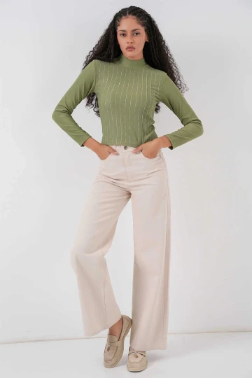 Kadın Çağla Yeşil Yarım Balıkçı Önü Taşlı Body HZL25W-BD19221