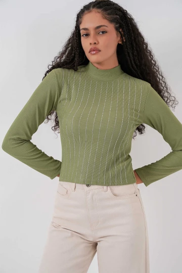 Kadın Çağla Yeşil Yarım Balıkçı Önü Taşlı Body HZL25W-BD19221