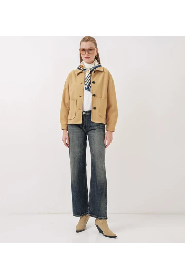 Kadın Camel Düğmeli Cepli Kısa Kaşe Ceket HZL25W-BD107131