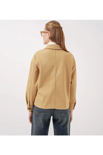 Kadın Camel Düğmeli Cepli Kısa Kaşe Ceket HZL25W-BD107131