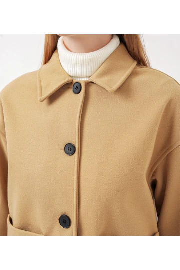 Kadın Camel Düğmeli Cepli Kısa Kaşe Ceket HZL25W-BD107131