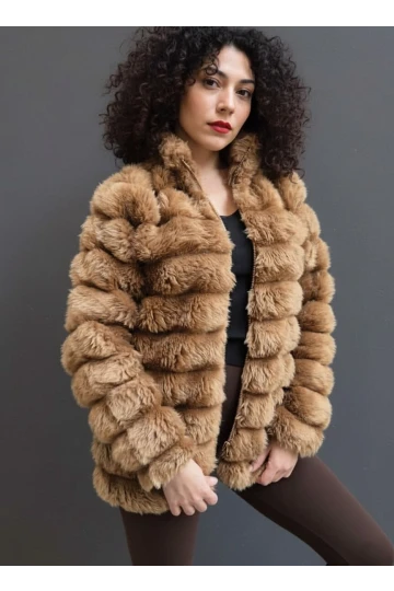 Kadın Camel Şık Peluş Suni Kürk Ceket HZL23W-DSB110061