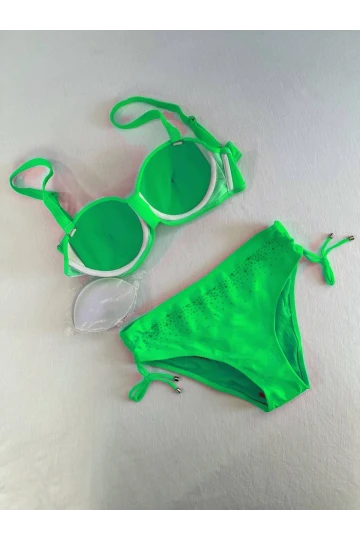 Kadın Canlı Yeşil Taş İşlemeli Astarlı Bikini Takım HZL25S-LC3361