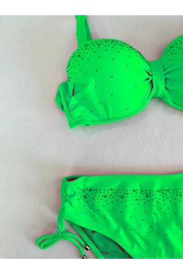 Kadın Canlı Yeşil Taş İşlemeli Astarlı Bikini Takım HZL25S-LC3361