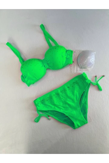 Kadın Canlı Yeşil Taş İşlemeli Astarlı Bikini Takım HZL25S-LC3361