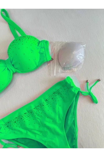 Kadın Canlı Yeşil Taş İşlemeli Astarlı Bikini Takım HZL25S-LC3361