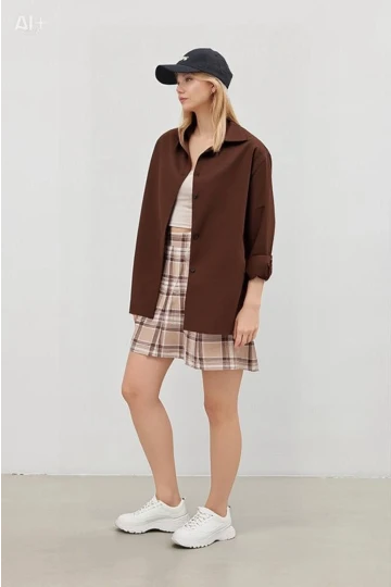 Kadın Çikolata Oversize Uzun Basic Gömlek Hzl22w-bd139001