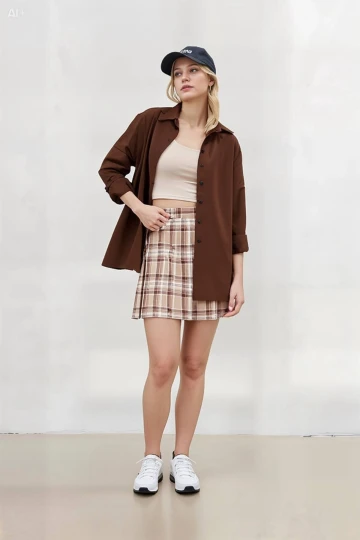 Kadın Çikolata Oversize Uzun Basic Gömlek Hzl22w-bd139001