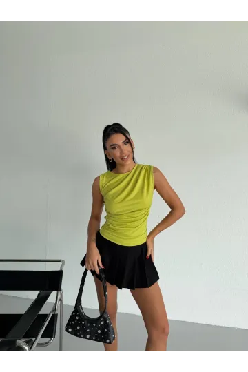 Kadın Fıstık Yeşili Büzgülü Kolsuz Sandy Bluz HZL26W-FRY122751