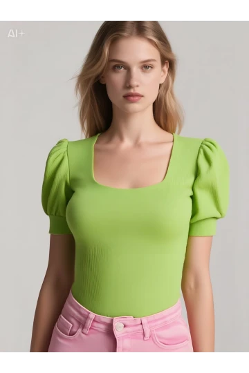 Kadın Fıstık Yeşili Kare Yaka Örme Bluz HZL22W-BD104091