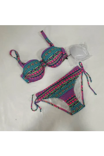 Kadın Fuşya Çok Renkli Etnik Desen Atarlı Bikini Takımı HZL25S-LC8004