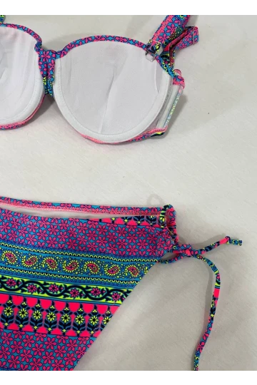 Kadın Fuşya Çok Renkli Etnik Desen Atarlı Bikini Takımı HZL25S-LC8004