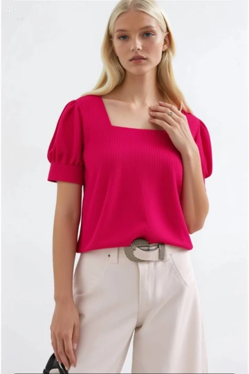 Kadın Fuşya Kare Yaka Örme Bluz HZL22W-BD104091