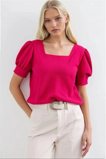 Kadın Fuşya Kare Yaka Örme Bluz HZL22W-BD104091