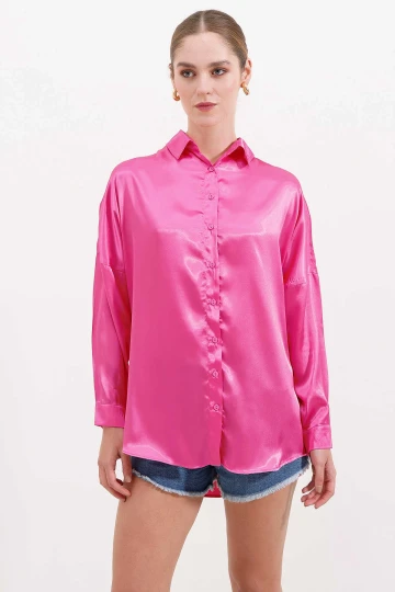 Kadın Fuşya Oversize Dökümlü Saten Yüzeyli Gömlek HZL23S-BD139851