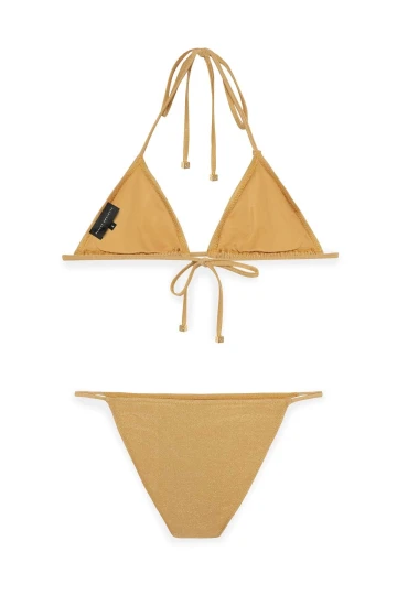 Kadın Gold Simli Boyundan İp Bağlamalı Üçgen Bikini Takımı HZL25S-LC5005