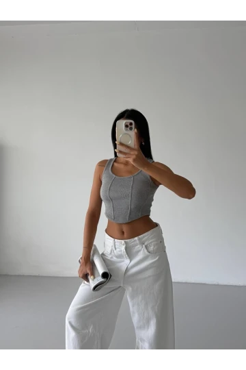 Kadın Gri Fitilli Kaşkorse Crop Bluz HZL25S-FRY123171