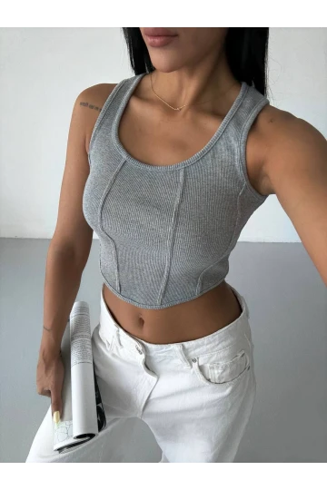 Kadın Gri Fitilli Kaşkorse Crop Bluz HZL25S-FRY123171