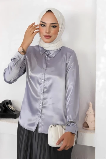 Kadın Gri Saten Yüzeyli Tesettür Gömlek HZL25W-BD139641