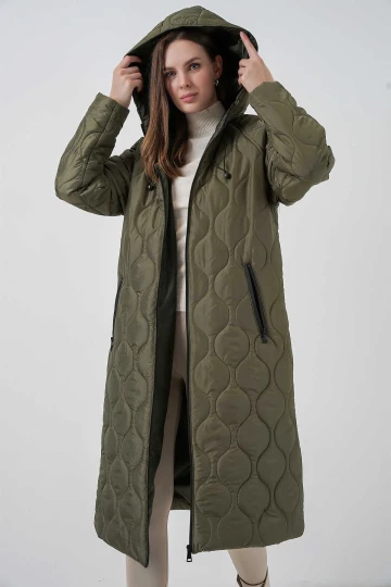 Kadın Haki Kapüşonlu Kapitone Uzun Şişme Mont HZL24W-BD151771