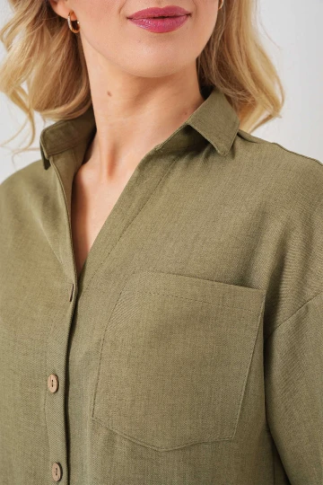 Kadın Haki Keten Görünümlü Crop Gömlek HZL25S-BD1203391