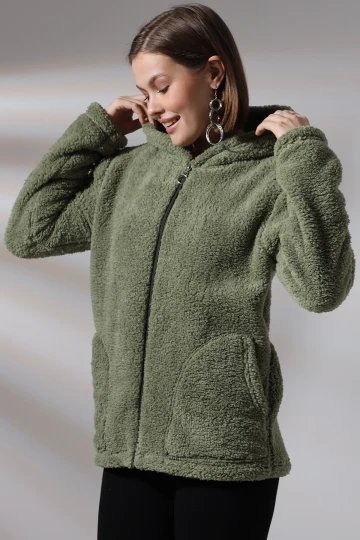 Kadın Haki Welsoft esnek kumaş Peluş Yumoş Önü Fermuarlı Kapüşonlu Ceket HZL23W-DSB110081
