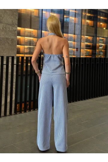 Kadın İndigo Çizgili Önü Fermuarlı Bluz Pantolon İkili Takım HZL25S-ZK13691