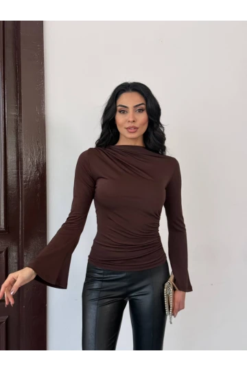 Kadın Kahverengi Drape Detaylı İspanyol Kol Sany Bluz HZL25W-FRY123431