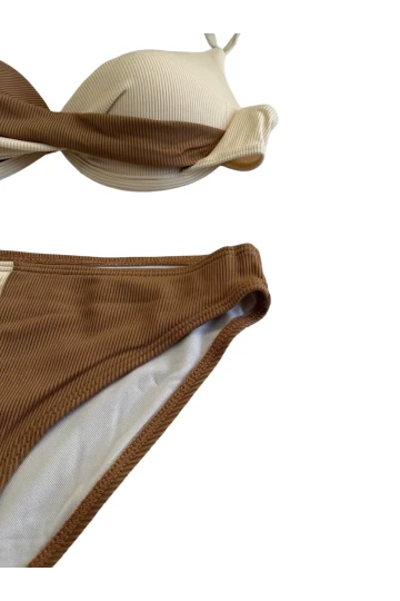 Kadın Kahverengi Krem Renk Bloklu Astarlı Bikini Takımı HZL25S-LC214